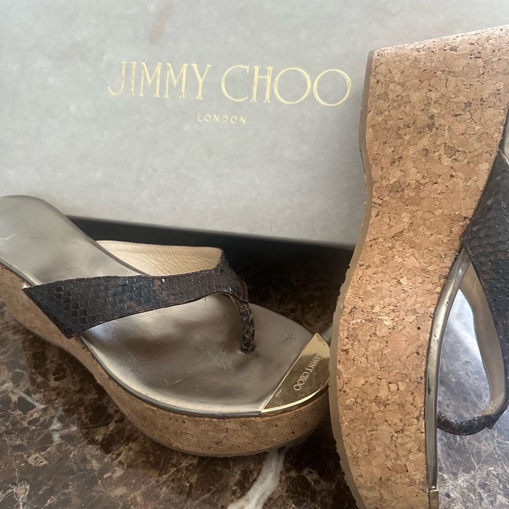 Jimmy Choo gold and brown sandals with platform wedge size 39 gently worn